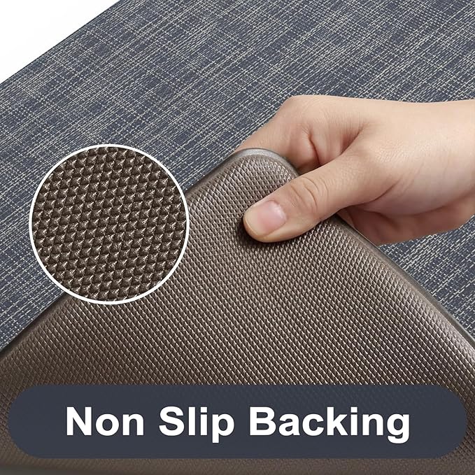 KIMODE Anti Fatigue Kitchen Mats 17"x47"+17"x29", Farmhouse Kitchen Rugs Sets of 2, Cushioned Non Skid Kitchen Mats for Floor, Comfort Kitchen Floor Mats for Sink Laundry Desk Dark Blue