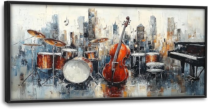 Flintis Large Music Cello Framed Wall Art Musical Piano Pictures Wall Decor Abstract Drums and Basses Canvas Painting Print Artworks Decor Framed for Living Room Bathroom Master Bedroom 60L X 30W