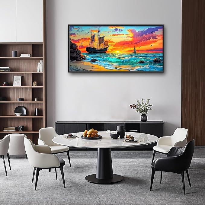 Framed Large Ship Wall Art for Living Room, Oversized Coastal Beach Boat Wall Decor Nautical Seascape Sailboat Canvas Painting Modern Artwork Home Decoration for Living Room Bedroom 60"x30"