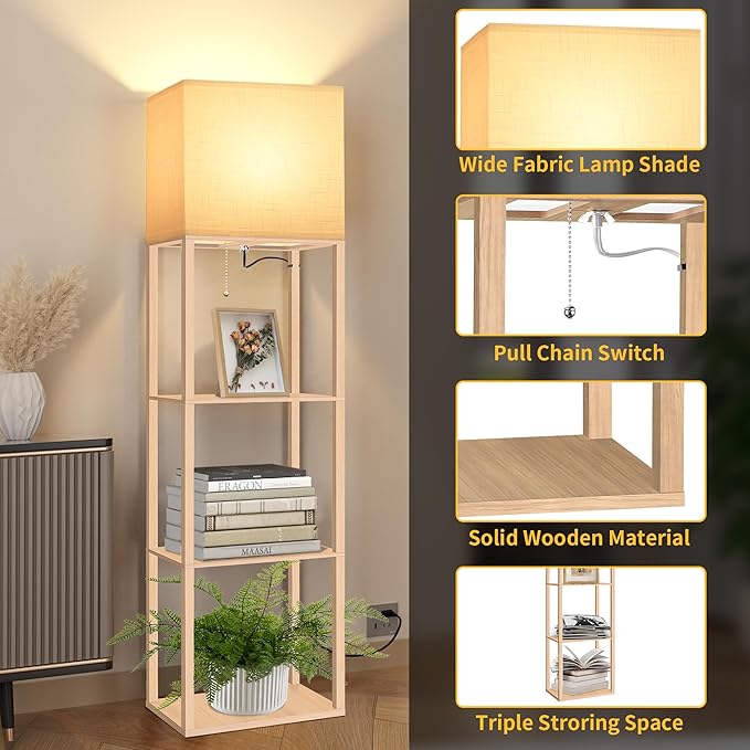Dott Arts Floor Lamp with Shelves, Wide Floor Lamps for Living Room Display Shelf Lamps with 3 Color LED Bulb,Storage Wood Modern Floor Lamp for Bedroom Standing Lamp for Living Room Office（Burlywood）