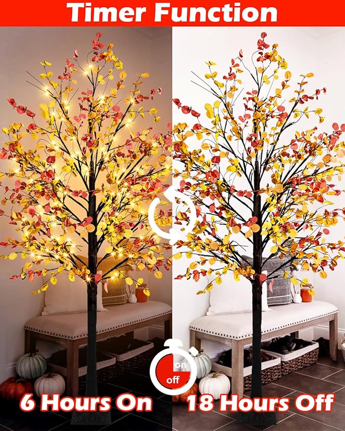 8FT Fall Lighted Eucalyptus Tree with 160 Led Lights Artificial Fall Light Up Tree Large Fake Autumn Tree Lights for Indoor Outdoor Fall Home Thanksgiving Christmas Decor
