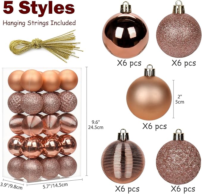 30PCS 2" Christmas Ball Ornaments Shatterproof Rose Gold Christmas Tree Decorations Xmas Tree Balls Halloween Ornaments Décor