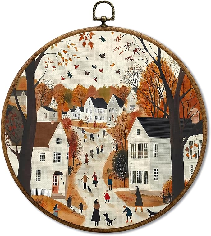 JUIOEIU Fall Round Wall Decor, Cozy Autumn Cityscape Seasonal Framed Canvas Prints, Fall Wall Art Hanging Decorations for Home Bedroom Living Room Office Decor, 10x10in