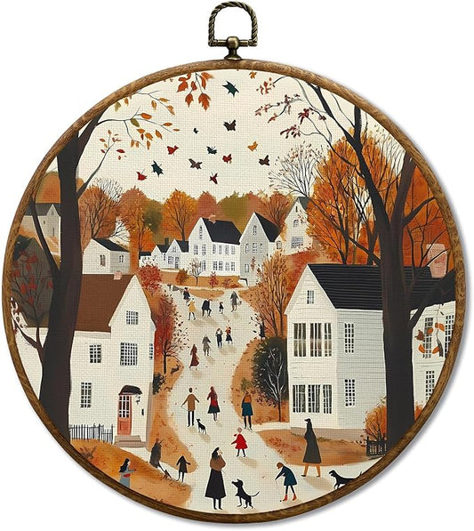 JUIOEIU Fall Round Wall Decor, Cozy Autumn Cityscape Seasonal Framed Canvas Prints, Fall Wall Art Hanging Decorations for Home Bedroom Living Room Office Decor, 10x10in