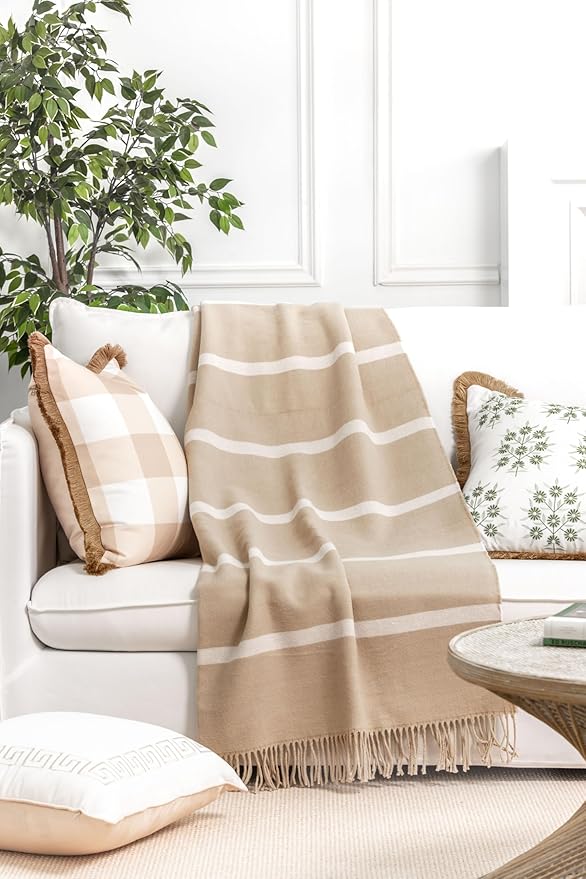 Hofdeco Premium Coastal Decorative Throw Blanket for Patio Couch Sofa, Neutral Tan White Pinstripes with Fringe, 52"x71"