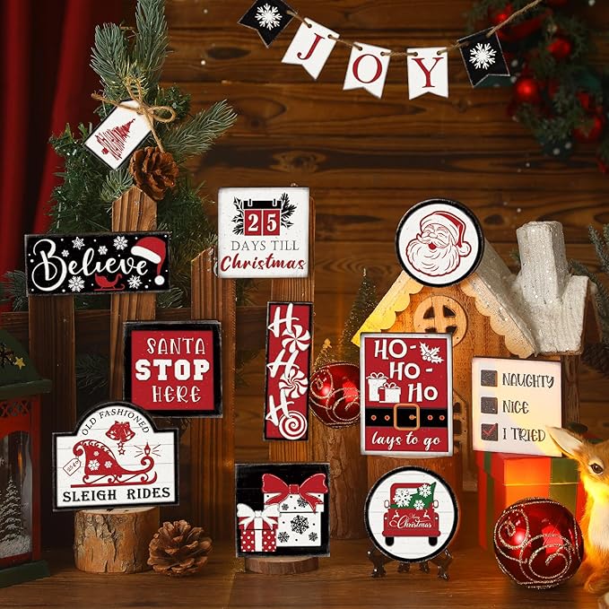 17 Pcs Christmas Tiered Tray Decor Set Winter Tiered Tray Decorations Farmhouse Tabletop Centerpiece Christmas Wooden 3D Sign for Xmas Home Buffalo Plaid Rustic Table Decoration(Vintage)