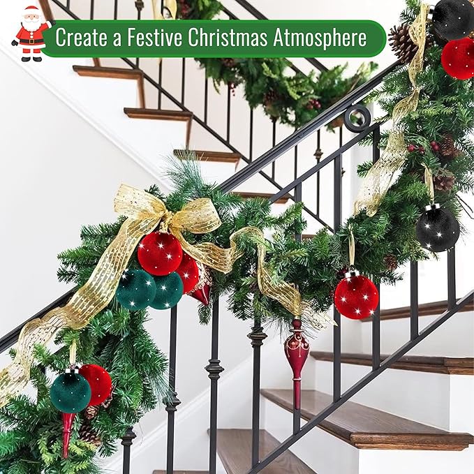 Christmas Tree Ornaments Set Velvet Balls, 15pcs Shatterproof Christmas Bulbs Ornaments for Xmas Tree Decorative Hanging, Vintage Flocked Decoration, 58mm, 2.3in, Multicolor Green Red Black