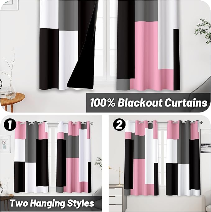 Pink 100% Blackout Curtains for Bedroom 45 inch Length 2 Panels Set Grey Modern Abstract Geometric Black Out Curtains Insulated Room Darkening Window Drapes for Living Room, 52Wx45L