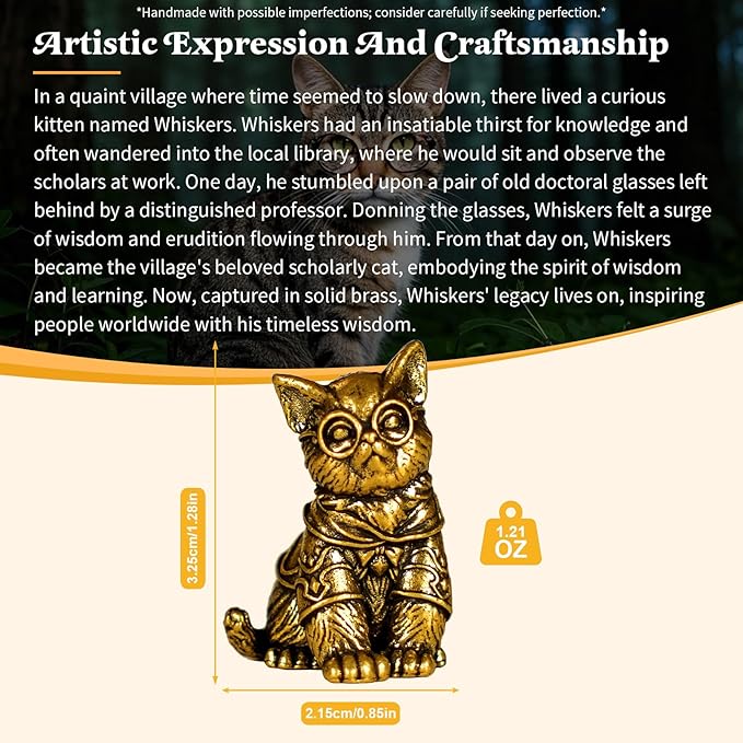 CHOVY Retro Handcrafted Scholarly Cat Ornament - 100% Solid Brass Desk Decor Intellectual Kitten Sculpture with Doctoral Glasses Vintage Style Collectible Art Piece Unique Gift for Cat Lovers