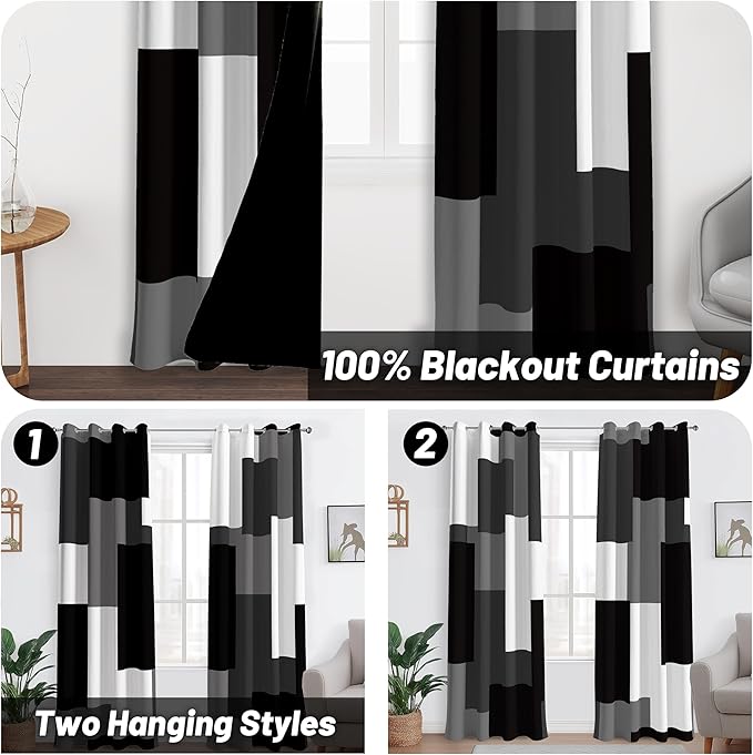Black Grey 100% Blackout Curtains for Bedroom 72 inch Length 2 Panels Set White Grey Modern Abstract Geometric Black Out Curtains Insulated Room Darkening Window Drapes for Living Room, 52Wx72L