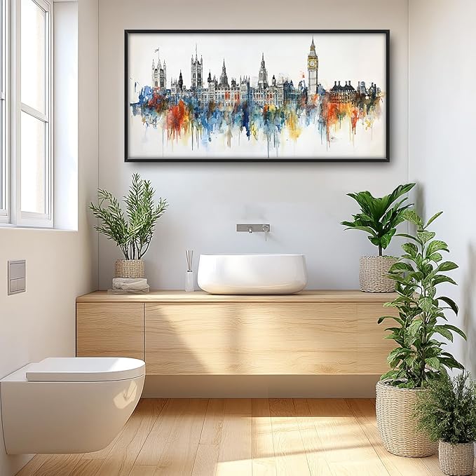 Flintis Large London Framed Wall Art Big Ben Pictures Wall Decor Abstract City Landscape Watercolor Canvas Painting Print Artworks Decor Framed for Living Room Bathroom Master Bedroom 60L X 30W