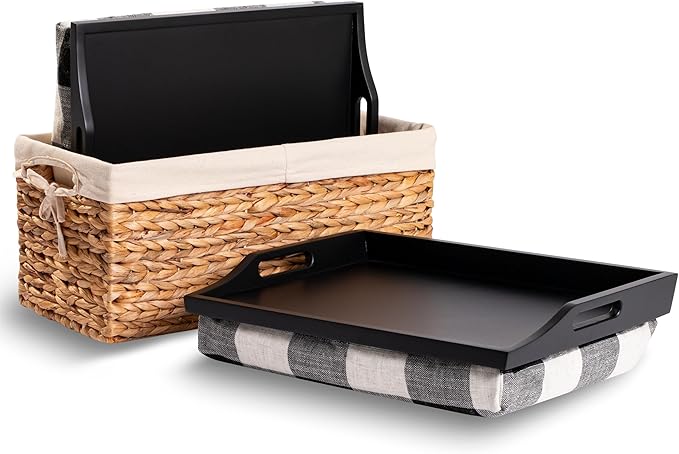 ROSSIE HOME Wood Bed Tray Lap Desk - Set of Two - with Hyacinth Storage Basket - Buffalo Check - Fits up to 15.6 Inch Laptops - Style No. 70108