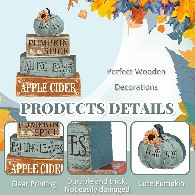 4 Pcs Fall Decor for Home Hello Fall Wooden Signs with Sunflower Autumn Thanksgiving Tiered Tray Decor Pumpkin Spice Tabletop Centerpiece Falling Leaves Block Signs for Office Kitchen Shelf