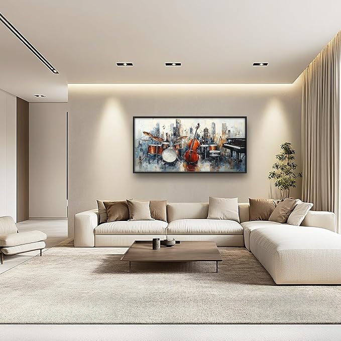 Flintis Large Music Cello Framed Wall Art Musical Piano Pictures Wall Decor Abstract Drums and Basses Canvas Painting Print Artworks Decor Framed for Living Room Bathroom Master Bedroom 60L X 30W