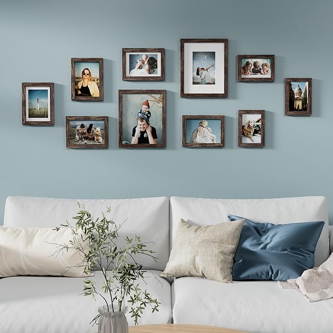 Vittanly 10 Pack Picture Frames Collage Wall Decor, Gallery Wall Frame Set for Wall or Tabletop Display, Engineered Wood and Shatter-resistant Plexiglass, Multi Sizes with 8x10, 5x7, 4x6 Frames, Brown