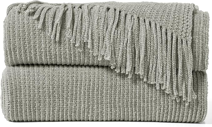 inhand Knitted Throw Blanket for Couch Bed,Chunky Chenille Woven Soft Blankets with Tassels,Cozy Boho Farmhouse Fall Winter Decor,Warm for Women,50"x60",Extra Thick-Light Grey