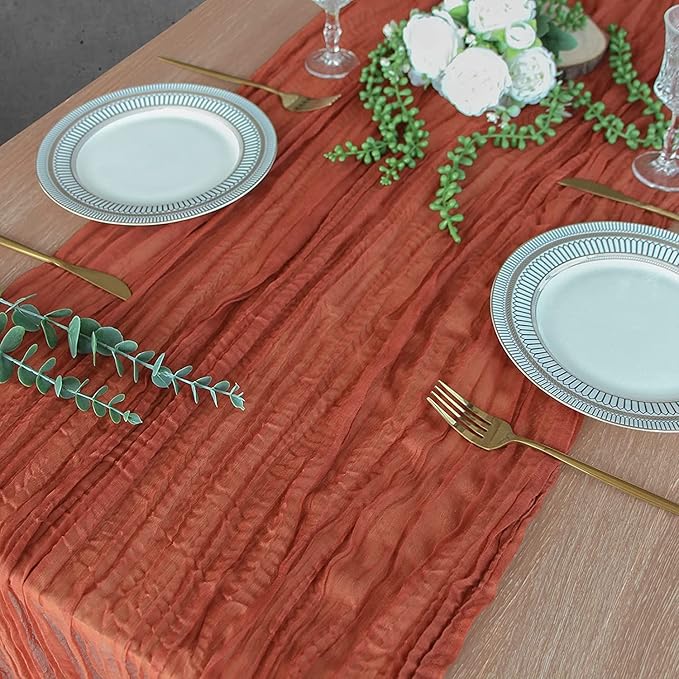 FEXIA 6 Pack Terracotta Table Runner 35x120 Inches Rust Cheesecloth Table Runner Rustic Burnt Orange Gauze for Boho Wedding Decor Reception Bridal Shower Centerpiece Engagement (Terracotta)