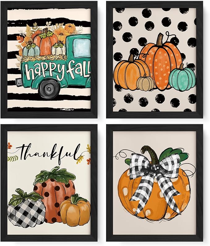 JXREQ Fall Decor Pumpkin Wall Art Decor, Rustic Farmhouse Truck Pumpkins Retro Fall Wall Decor Prints, Thankful Wall Decor for Harvest Thanksgiving Kitchen Bedroom Living Room, 8x10 Inch 4Pcs