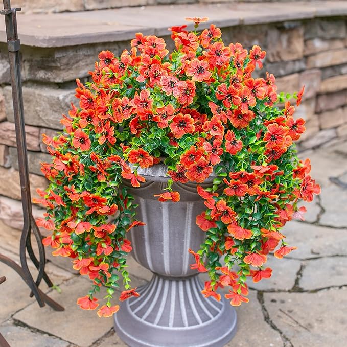 HyeFlora Artificial Fall Flowers for Outdoors Fake Hanging Decoration, 2Pcs Orange Daisy with Autumn Leaves, Realistic Plants Decor, UV & Fading Resistant Silk Flower for Porch Patio Balcony