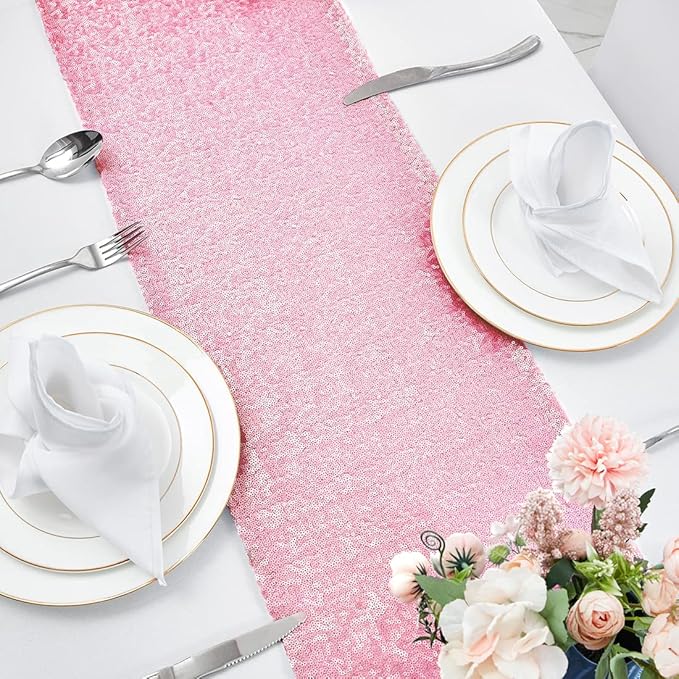 6 Packs 12 x 108 inches Pink Sequin Table Runner, Glitter Pink Table Runner for Wedding Birthday Bachelorette Holiday Party Supplies Decorations Bridal Shower Baby Shower