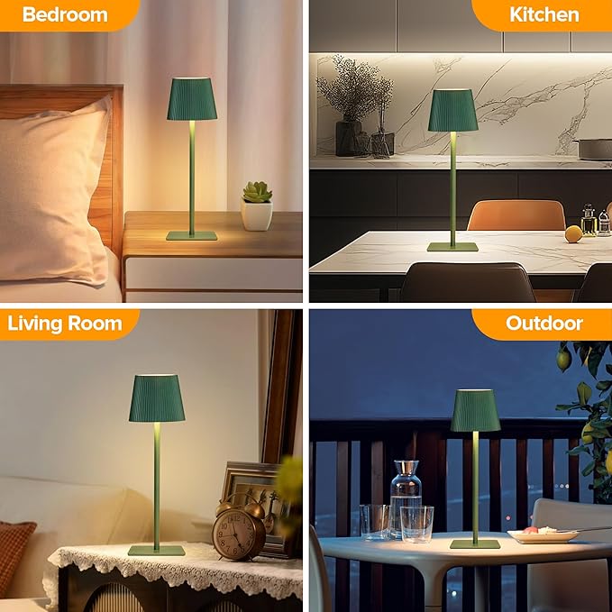 LUTEC 2 Pack Cordless Table Lamp,6000mAh Rechargeable Battery Operated Desk Lamp,Two Adjustable Heights,Waterproof, Touch Control & 3 Color Stepless Dimming for Restaurant/Bedroom/Bars/Outdoor (Green)