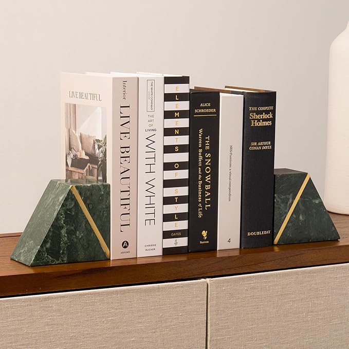 Cork & Mill Marble Bookends, Heavy Book Ends for Shelves, Handcrafted Solid Marble Bookshelf Decor, Decorative Green Book Stoppers with Gold Brass Accent, Non-Skid Bottom, Set of 2