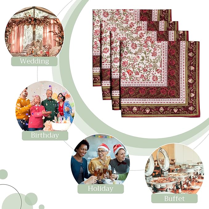 Maison d' Hermine Cloth Napkins Set of 4 100% Cotton Everyday Reusable Square Napkins Cloth Washable, Dinner, Party, Wedding, Restaurant (Reveillon Au Jardin, 20" x 20")