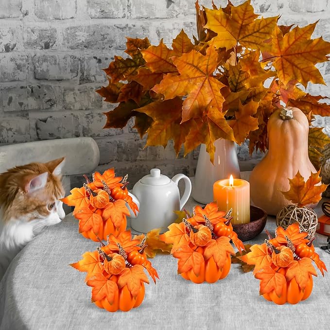 Janinka 3 Set Fall Artificial Pumpkins Fake Pumpkin Centerpiece Decor Autumn Floral Stems Thanksgiving Decorations Acorn Pine Cone Maple Leaves Fall for Harvest Decor