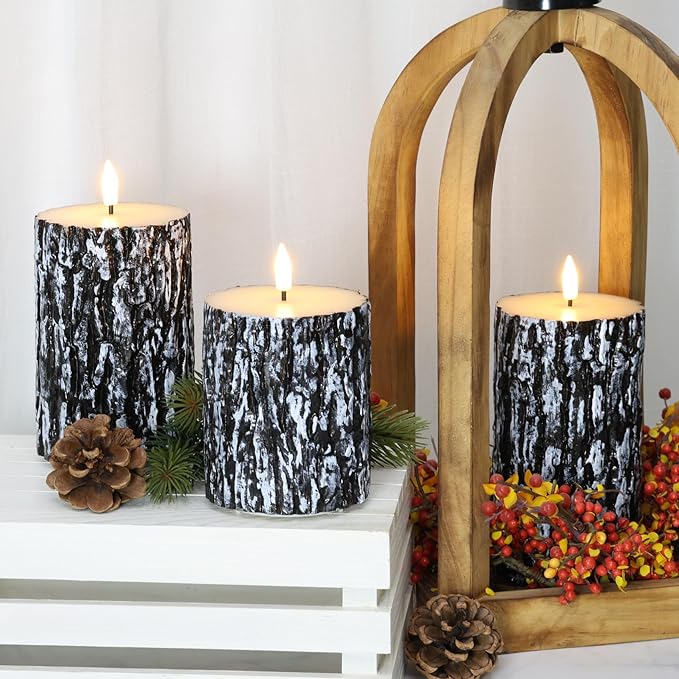 Eywamage Black Pine Bark Flameless LED Candles with Remote, Farmhouse Flickering Wood Pillar Candles Set of 3