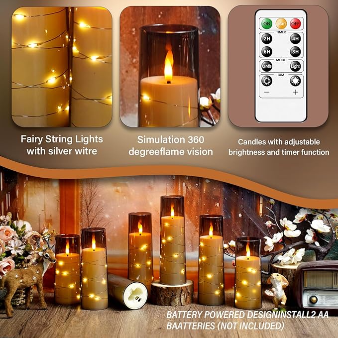 Flameless LED Candles with Timer 24 Pc Flickering Flameless Candles for Romantic Ambiance and Home Decoration Stable Acrylic Shell,with Embedded Star String，Battery Operated Candles（Grey）