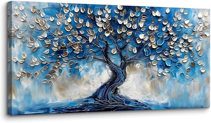 crmotu Tree of Life Large Wall Art, Blue Tree Painting Canvas Prints, Modern Abstract Art Room Decorations, Navy Blue Neutral Aesthetic Pictures Wall Decor Living Room Bedroom Bathroom Office 20"X40"