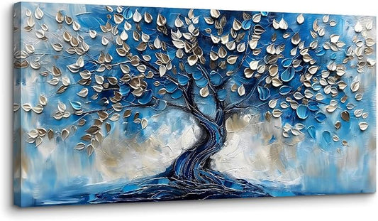crmotu Tree of Life Large Wall Art, Blue Tree Painting Canvas Prints, Modern Abstract Art Room Decorations, Navy Blue Neutral Aesthetic Pictures Wall Decor Living Room Bedroom Bathroom Office 20"X40"