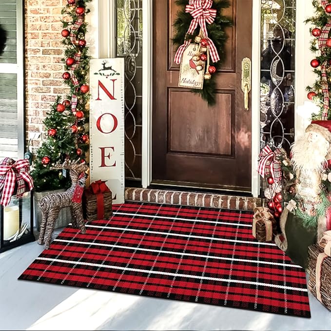 Christmas Front Door Mat Outdoor 2'X4.3', Red Buffalo Plaid Porch Rug Machine Washable Kitchen Rug Entryway Carpet Layered Door Mats Indoor/Outdoor Cotton Area Rug Runner for Bedroom