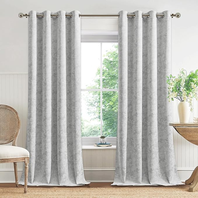 Beauoop Grey Floral Jacquard Blackout Curtains 90 Inches Long 2 Panels for Bedroom Living Room Gray Flower Chenille Room Darkening Thermal Insulated Soundproof Grommet Window Treatments Drapes, 52x90