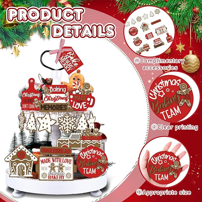 17 Pcs Christmas Tiered Tray Decor Set Winter Tiered Tray Decorations Farmhouse Tabletop Centerpiece Christmas Wooden 3D Sign for Xmas Home Buffalo Plaid Rustic Table Decoration(Lively)