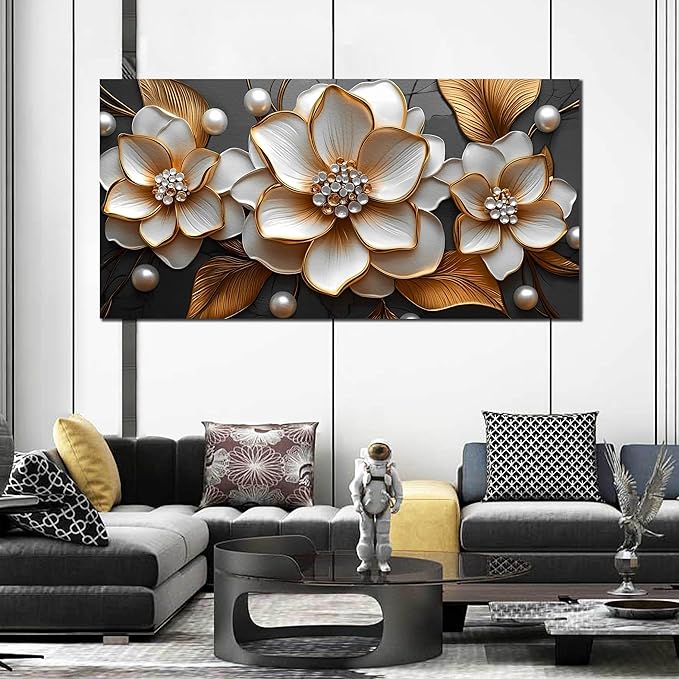 Large Flower Canvas Wall Art Bedroom - White and Gold Wall Decor for Girls Room - Floral Dining Room Wall Art Size 29" x 59"