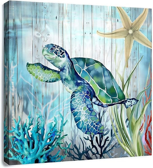 14x14 Inch Sea Turtle Bathroom Wall Decor Modern Canvas Ocean Theme Art Blue & Green Coastal Wall Pictures for Bedroom/Home/Office/Kitchen Waterproof Ultraviolet Resistant Framed Canvas