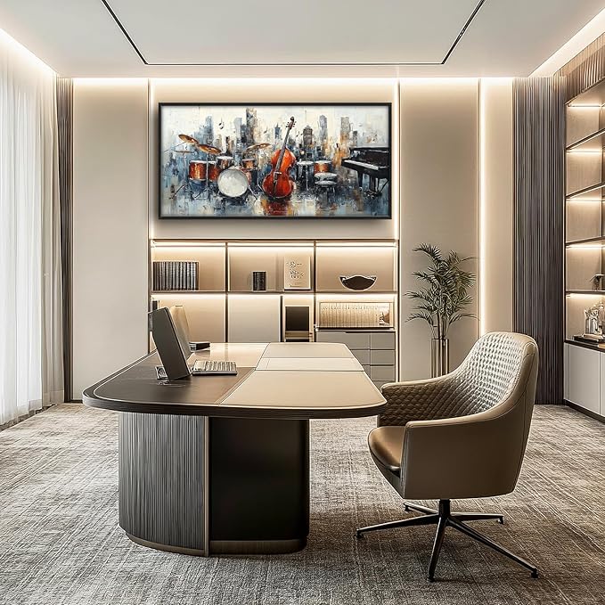 Flintis Large Music Cello Framed Wall Art Musical Piano Pictures Wall Decor Abstract Drums and Basses Canvas Painting Print Artworks Decor Framed for Living Room Bathroom Master Bedroom 60L X 30W