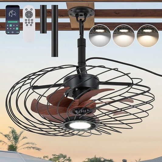 20" Outdoor Ceiling Fan with Light, Waterproof Gazebo Fan Remote Control, Dimmable LED Light, Hanging Black Caged Ceiling Fixtures with Plug in Cord for Patios Pergola