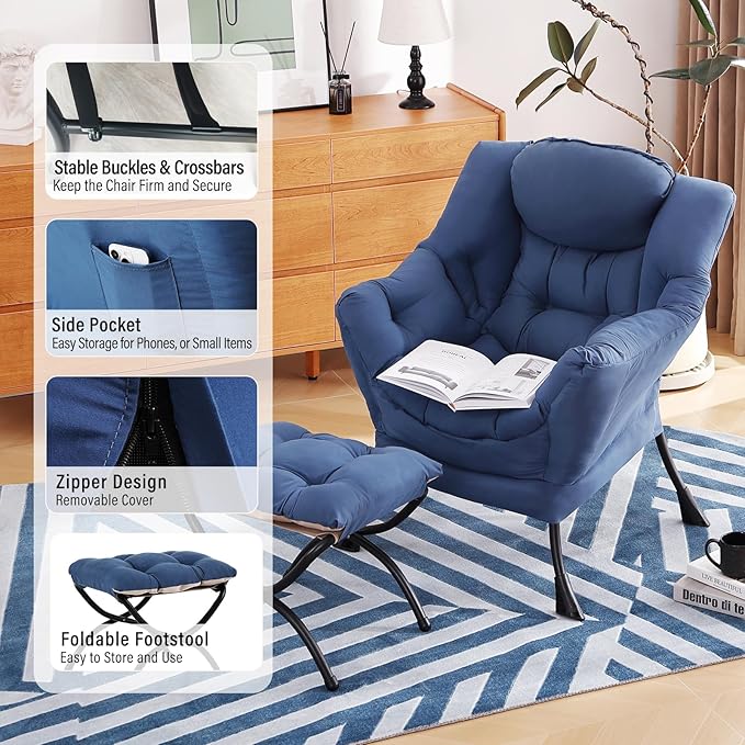 Lazy Chair with Ottoman, Modern Chair with Folding Footrest, Lounge Accent Chair, Comfortable Reading Chair (Royal Blue)