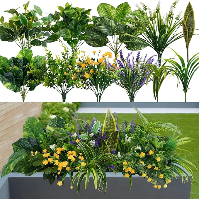 GTIDEA 19 Bundles Outdoor Faux Plants, Artificial Plants & Flowers UV Resistant Fake Plastic Leaves Greenery Stems for Outside Window Box Hanging Baskets Garden Patio Front Porch Decor