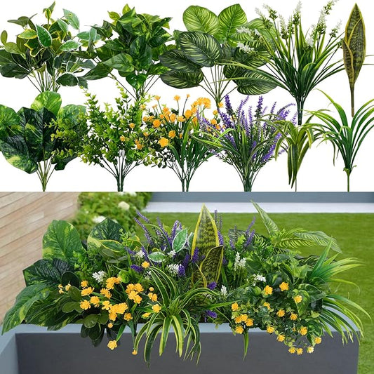 GTIDEA 19 Bundles Outdoor Faux Plants, Artificial Plants & Flowers UV Resistant Fake Plastic Leaves Greenery Stems for Outside Window Box Hanging Baskets Garden Patio Front Porch Decor