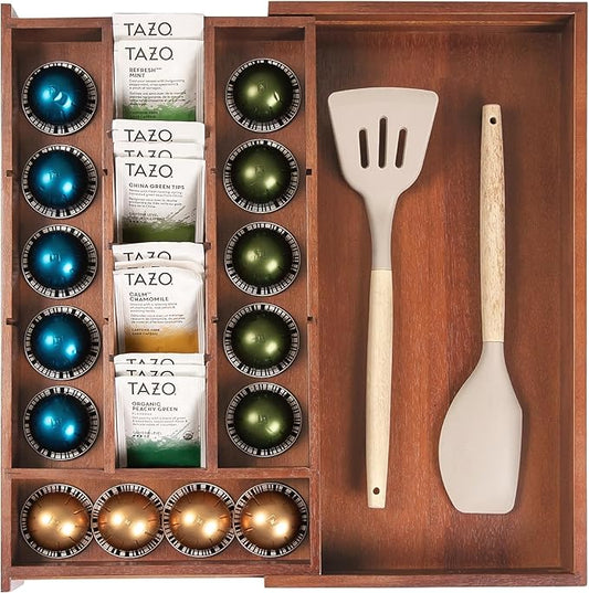 Acacia Tea Bag and Coffee Pod Kitchen Drawer Organizer, Expandable 9.7 to 17 Inches, 10 Storage Compartments, Adjustable Wall Inserts, Non-Slip Feet, Food-Safe