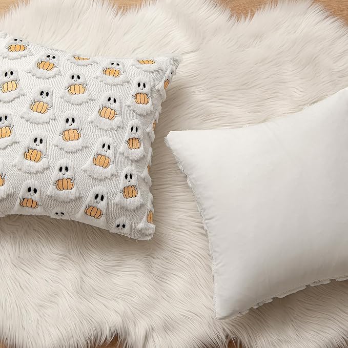 MIULEE Halloween Pillow Covers Decorative Fall Cute Ghost Plush Faux Fur Pillows 20x20 Inch Set of 2 Soft Pumpkin Accents for Sofa Couch Bed Living Room Festive Home Decor, White Orange