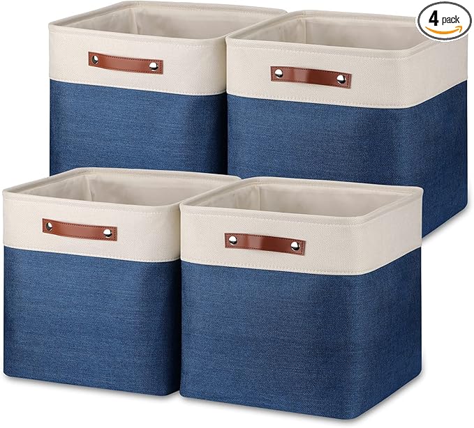 Temary Blue Storage Baskets for Shelves 13 Inch Cube Storage Bins 4Pack Fabric Cubes Basket with Handles for Organizing Shelf Baskets for Home Office Closet (White&Blue)