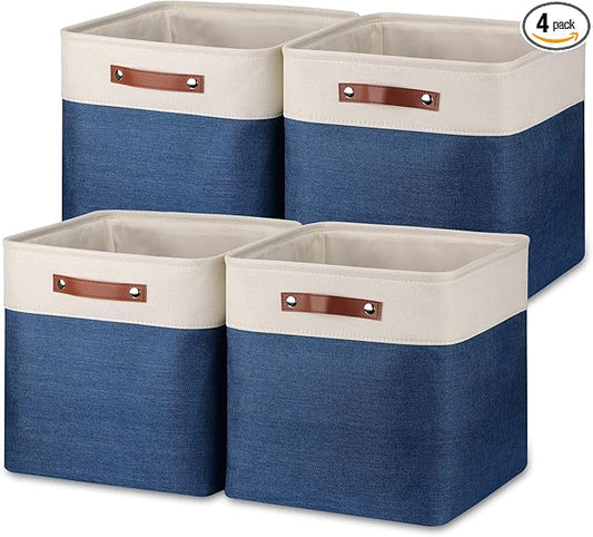 Temary Blue Storage Baskets for Shelves 13 Inch Cube Storage Bins 4Pack Fabric Cubes Basket with Handles for Organizing Shelf Baskets for Home Office Closet (White&Blue)