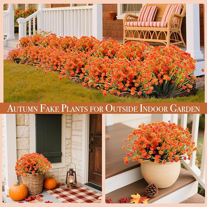 20 Bundles Artificial Fall Flowers for Outdoors Fall Decorations-UV Resistant Fake Mums Faux Plants Plastic Flowers Greenery Home Porch Gardens Fireplace Patio Autumn Indoor Thanksgiving Decor(Orange)