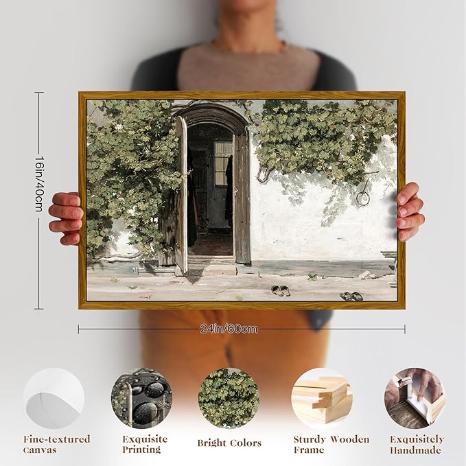 crmotu Vintage Framed Wall Art, Country Landscape Canvas Prints, Grapevine Gate Rustic Farmhouse Decor Painting, Nature Green Scenery Pictures Wall Decor Living Room Bedroom Bathroom Office 16x24in