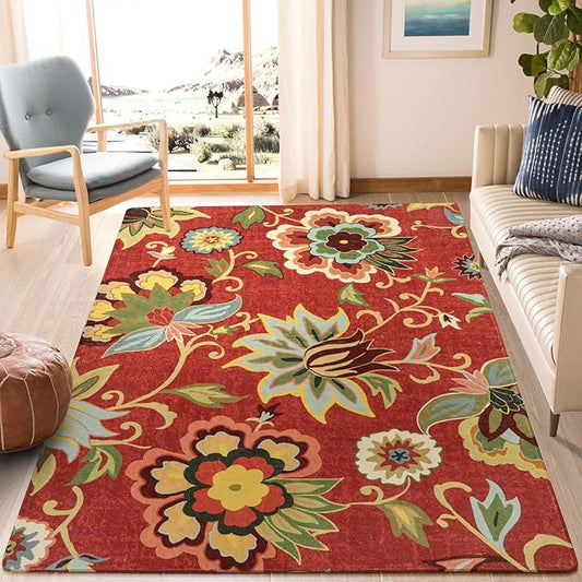 Lahome Floral Washable Rugs 5x7,Carpets for Living Room Non-Slip Lightweight Soft Bedroom Throw Low-Pile Large Area Rug for Dining Room, Kitchen, Entryway - Paisley Print Red Rugs for Office