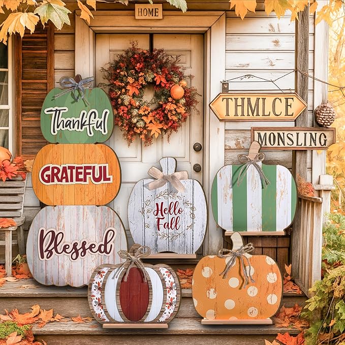 Bucherry 5 Set Fall Porch Decoration Pumpkin Wood Porch Standings Thankful Grateful Blessed Hello Fall Welcome Sign Decor with Base for Thanksgiving Festival Home Front Door Garden(Orange Style)